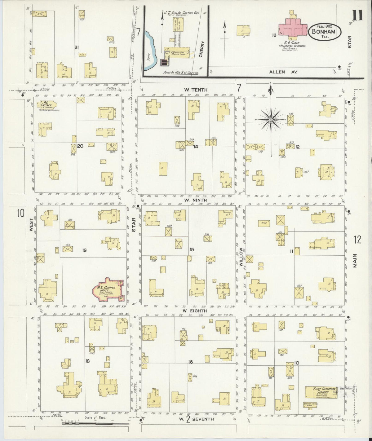 Sanborn Fire Insurance Map from Bonham, Fannin County, Texas (1909), Sheet #0011 - Complete Map Set gallery image, historic Sanborn map, vintage wall art, Texas Texas