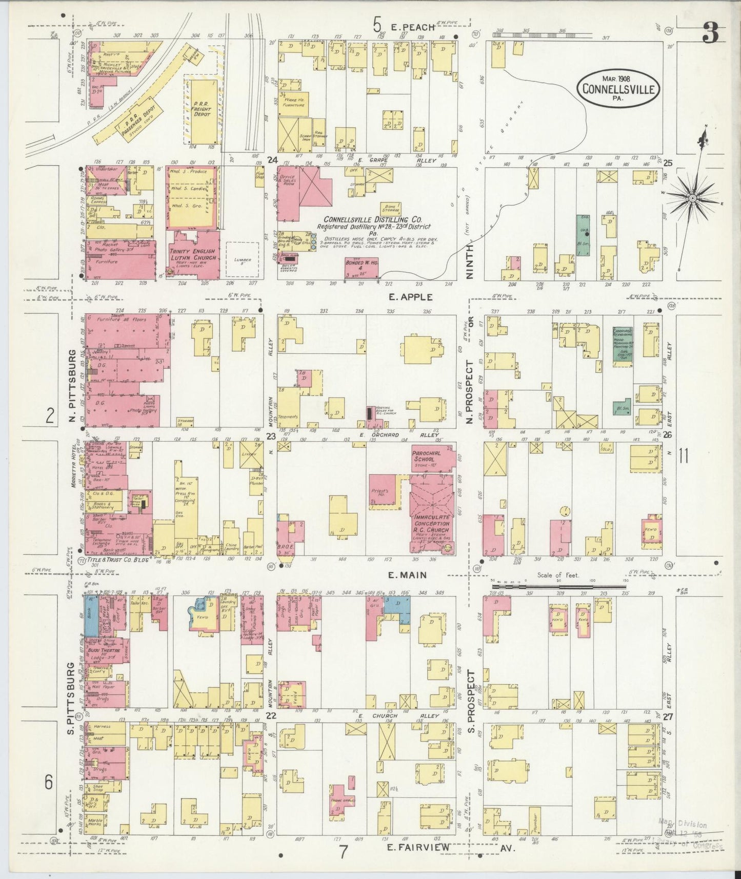 Sanborn Fire Insurance Map from Connellsville, Fayette County, Pennsylvania (1908), Sheet #0003 - Historic Sanborn Fire Insurance Map Print, vintage old map wall art, antique decor, genealogy gift, Pennsylvania Pennsylvania map