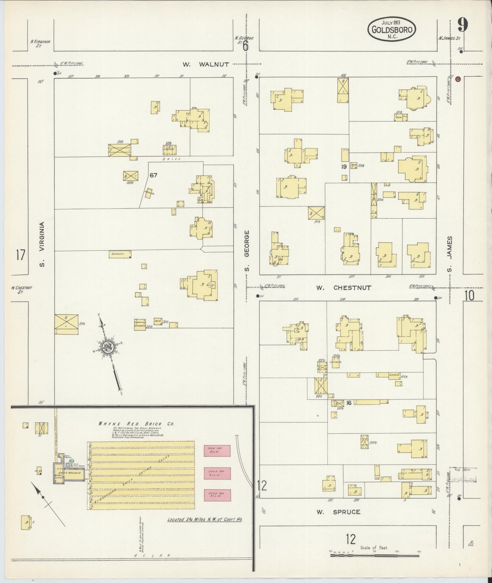 Sanborn Fire Insurance Map from Goldsboro, Wayne County, North Carolina (1913), Sheet #0009 - Complete Map Set gallery image, historic Sanborn map, vintage wall art, North Carolina North Carolina