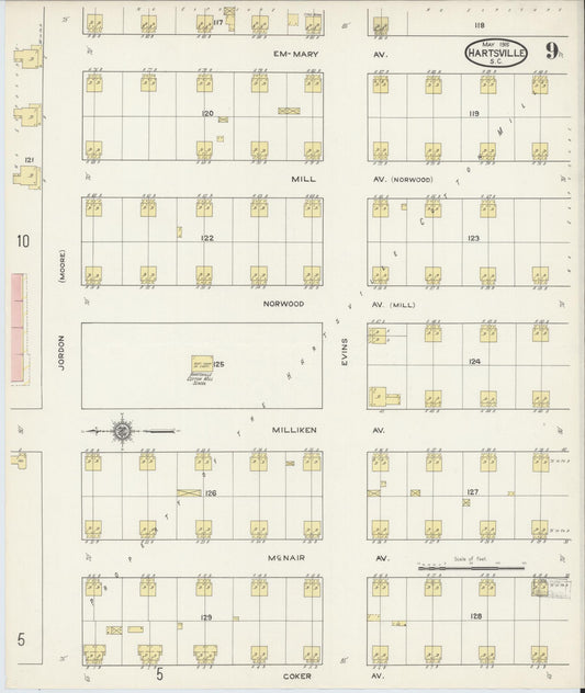 Sanborn Fire Insurance Map from Hartsville, Darlington County, South Carolina (1915), Sheet #0009 - Historic Sanborn Fire Insurance Map Print, vintage old map wall art, antique decor, genealogy gift, South Carolina South Carolina map
