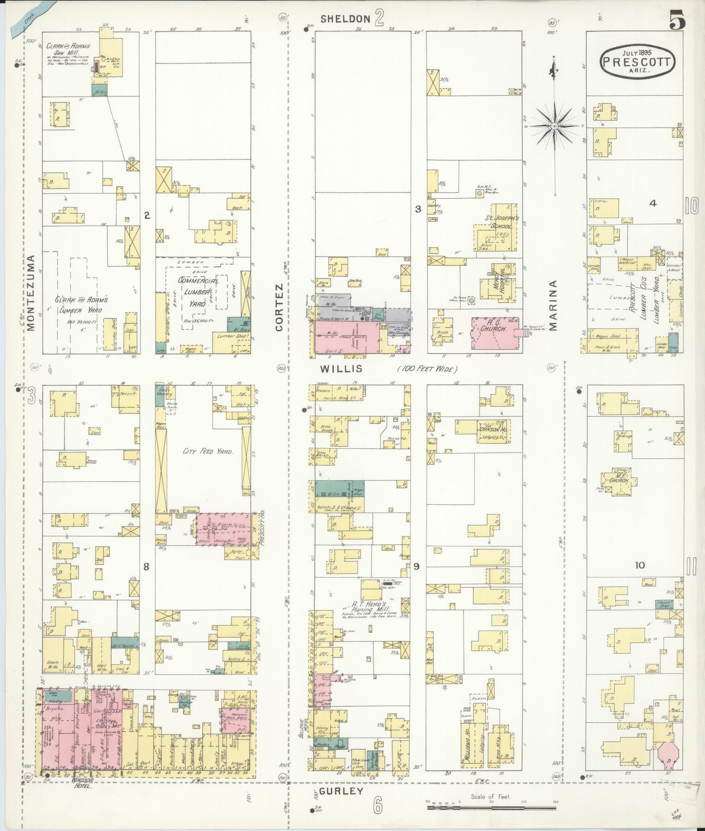 Sanborn Fire Insurance Map from Prescott, Yavapai County, Arizona (1895), Sheet #0005 - Historic Sanborn Fire Insurance Map Print, vintage old map wall art, antique decor, genealogy gift, Arizona Arizona map