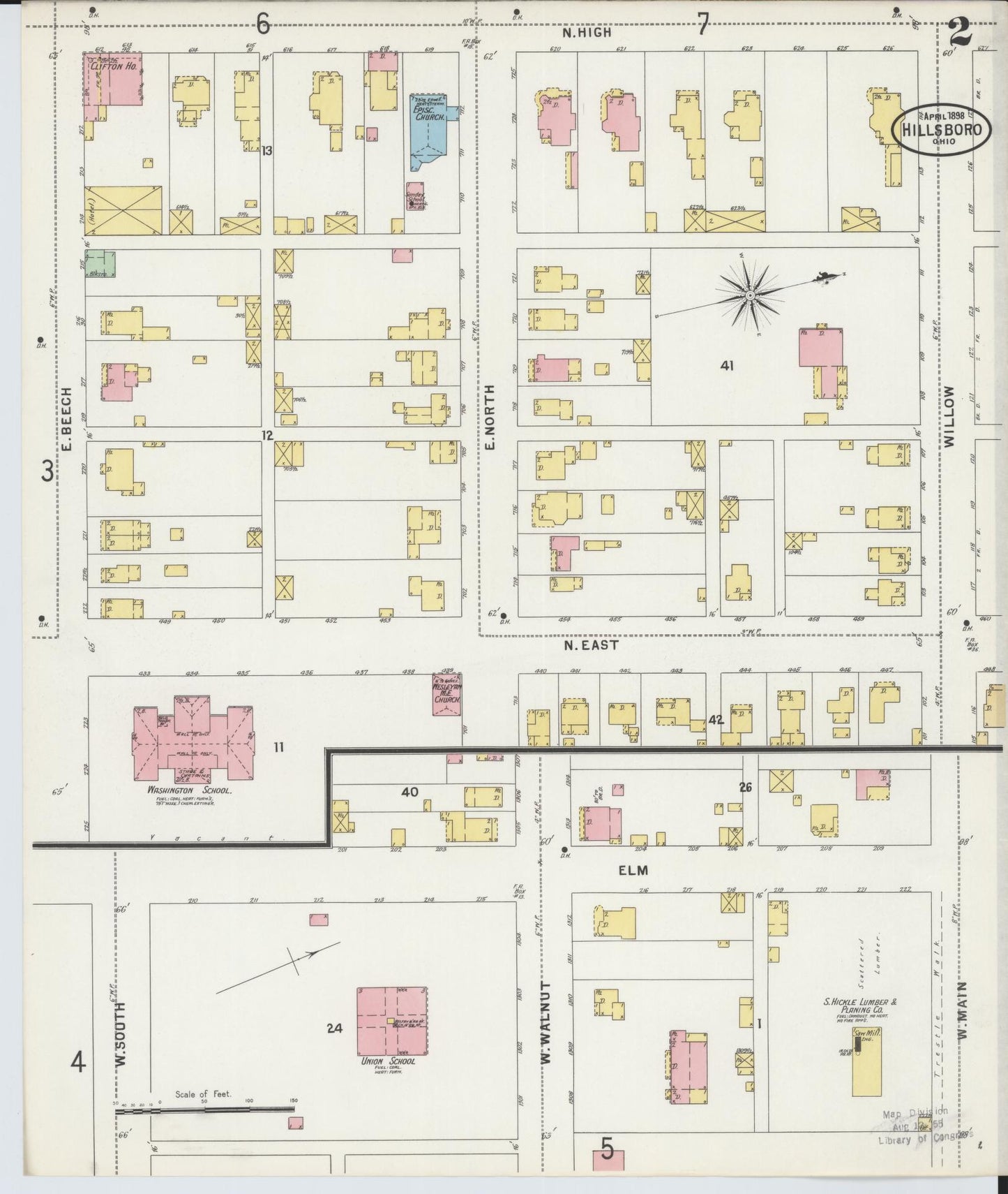 Sanborn Fire Insurance Map from Hillsboro, Highland County, Ohio (1898), Sheet #0002 - Historic Sanborn Fire Insurance Map Print, vintage old map wall art, antique decor, genealogy gift, Ohio Ohio map