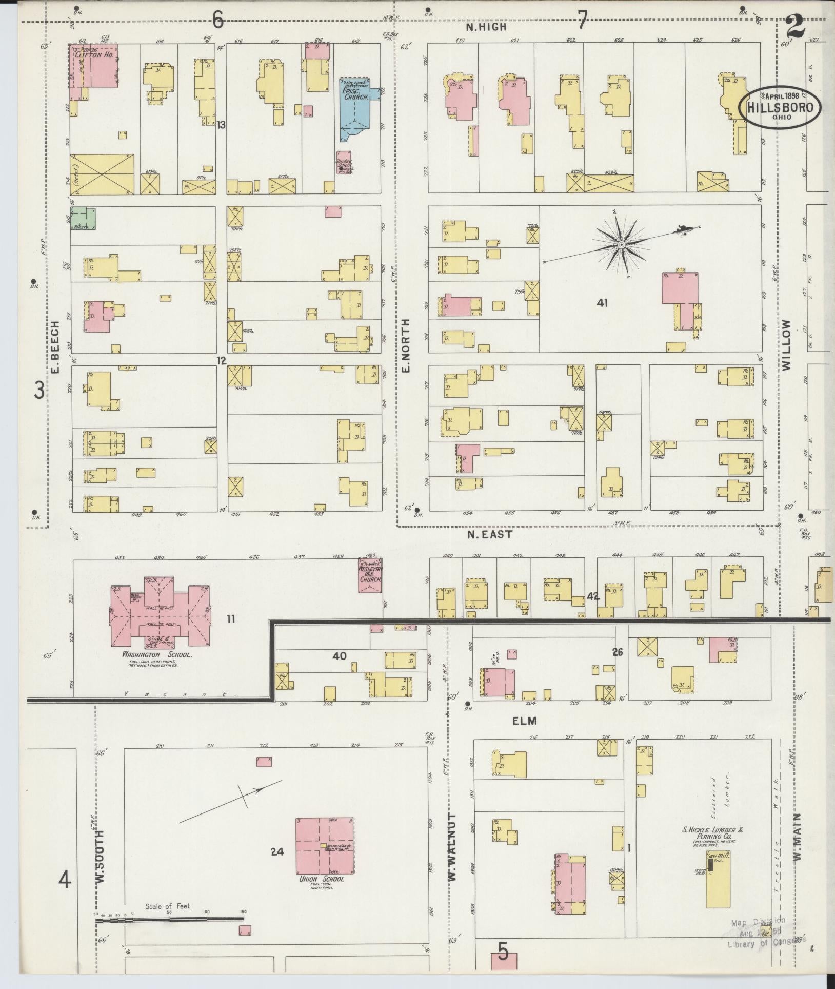 Sanborn Fire Insurance Map from Hillsboro, Highland County, Ohio (1898), Sheet #0002 - Historic Sanborn Fire Insurance Map Print, vintage old map wall art, antique decor, genealogy gift, Ohio Ohio map