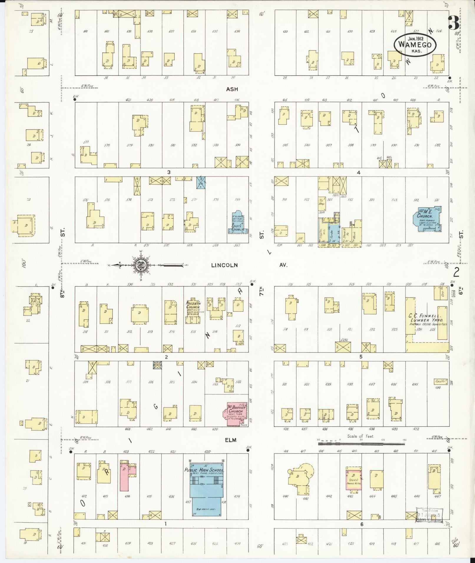 Sanborn Fire Insurance Map from Wamego, Pottawatomie County, Kansas (1912), Sheet #0003 - Historic Sanborn Fire Insurance Map Print, vintage old map wall art, antique decor, genealogy gift, Kansas Kansas map
