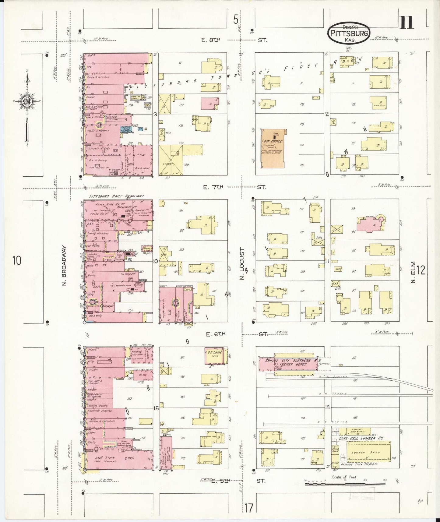 Sanborn Fire Insurance Map from Pittsburg, Crawford County, Kansas (1913), Sheet #0011 - Historic Sanborn Fire Insurance Map Print, vintage old map wall art, antique decor, genealogy gift, Kansas Kansas map