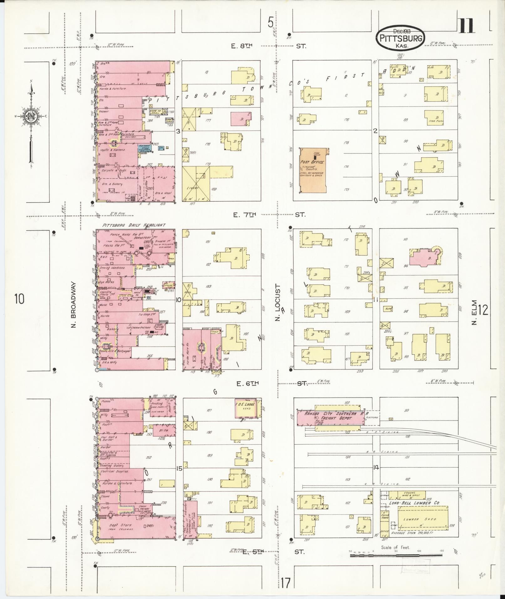 Sanborn Fire Insurance Map from Pittsburg, Crawford County, Kansas (1913), Sheet #0011 - Historic Sanborn Fire Insurance Map Print, vintage old map wall art, antique decor, genealogy gift, Kansas Kansas map