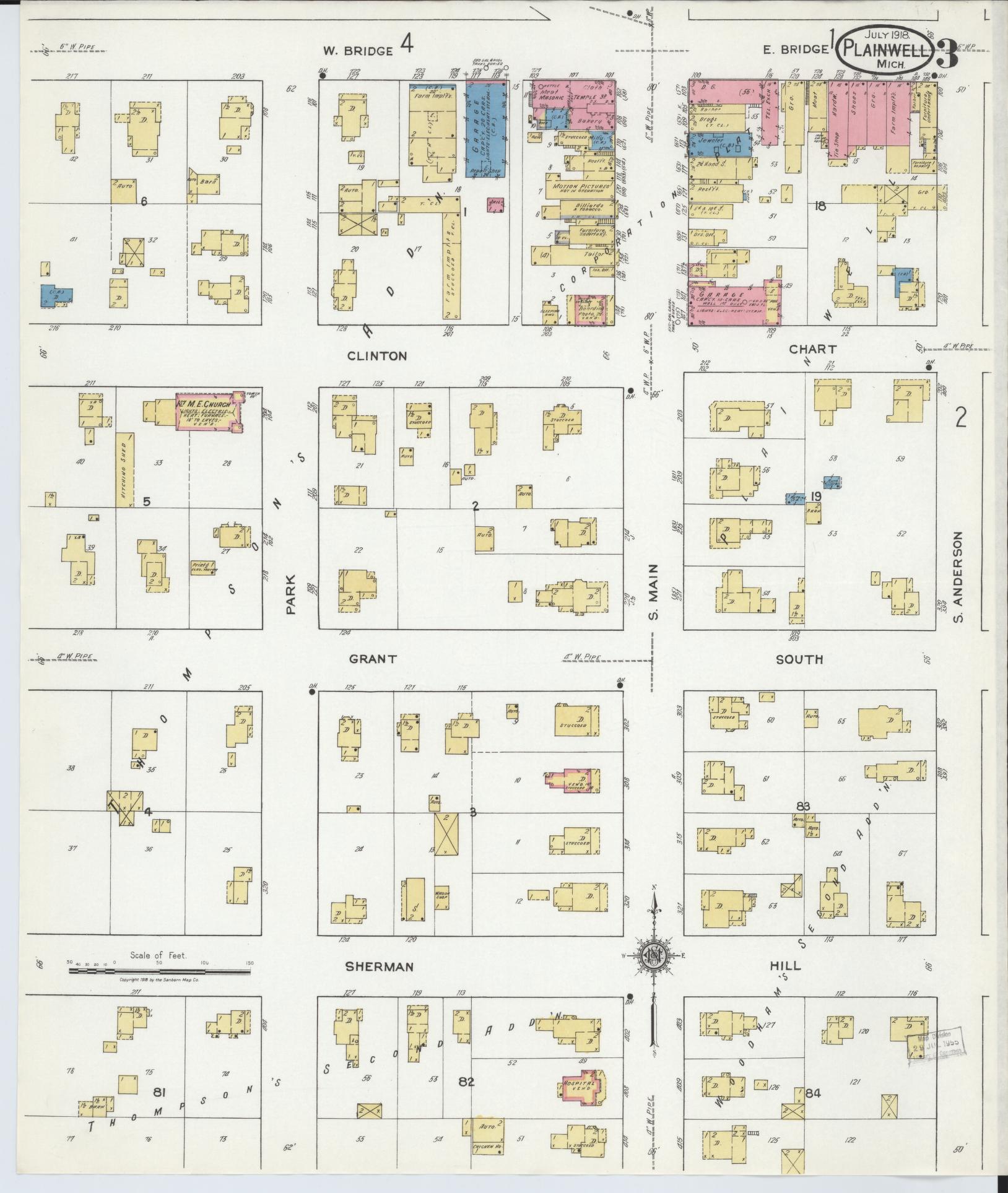 Sanborn Fire Insurance Map from Plainwell, Allegan County, Michigan (1918), Sheet #0003 - Complete Map Set gallery image, historic Sanborn map, vintage wall art, Michigan Michigan