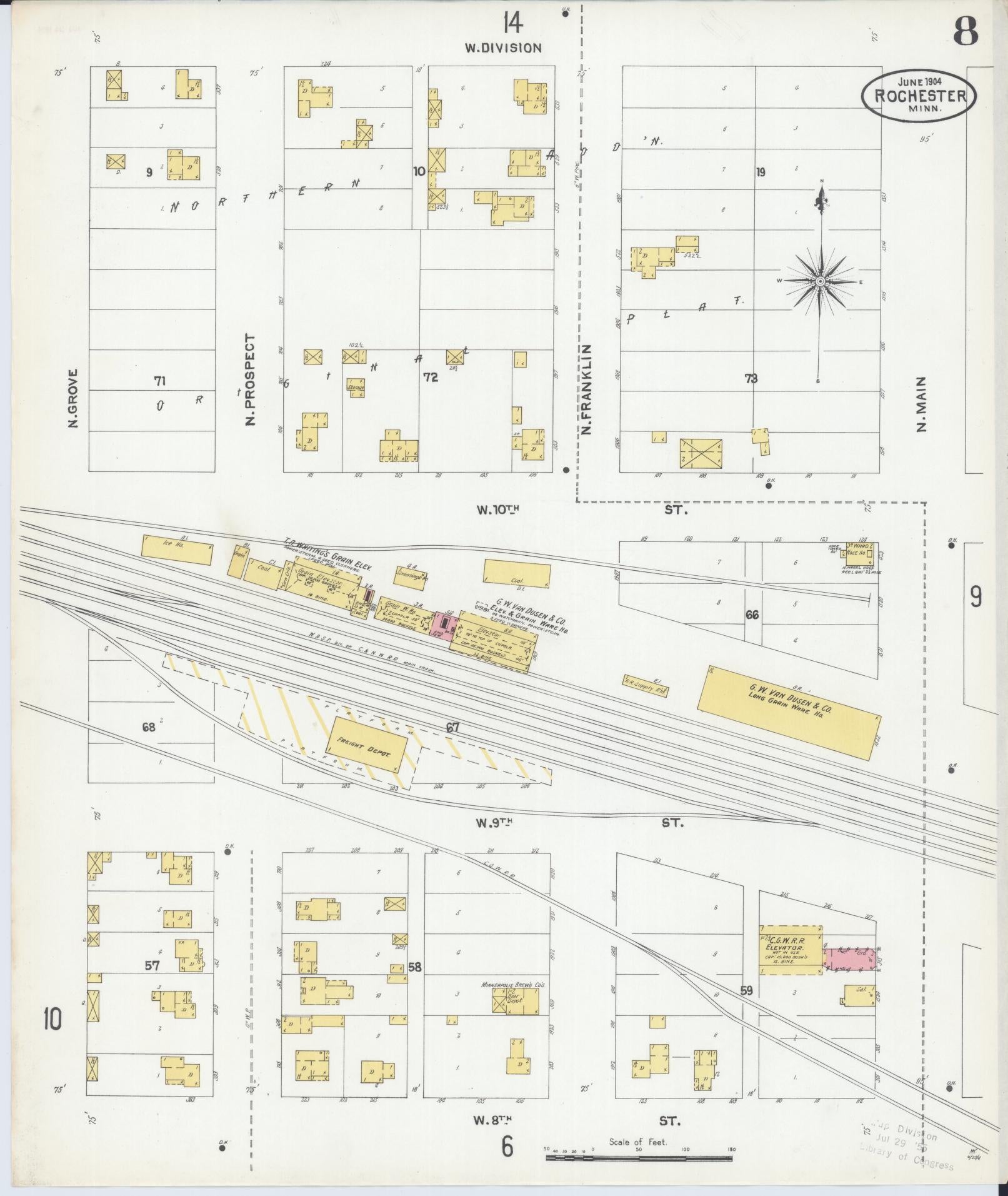 Sanborn Fire Insurance Map from Rochester, Olmsted County, Minnesota (1904), Sheet #0008 - Complete Map Set gallery image, historic Sanborn map, vintage wall art, Minnesota Minnesota