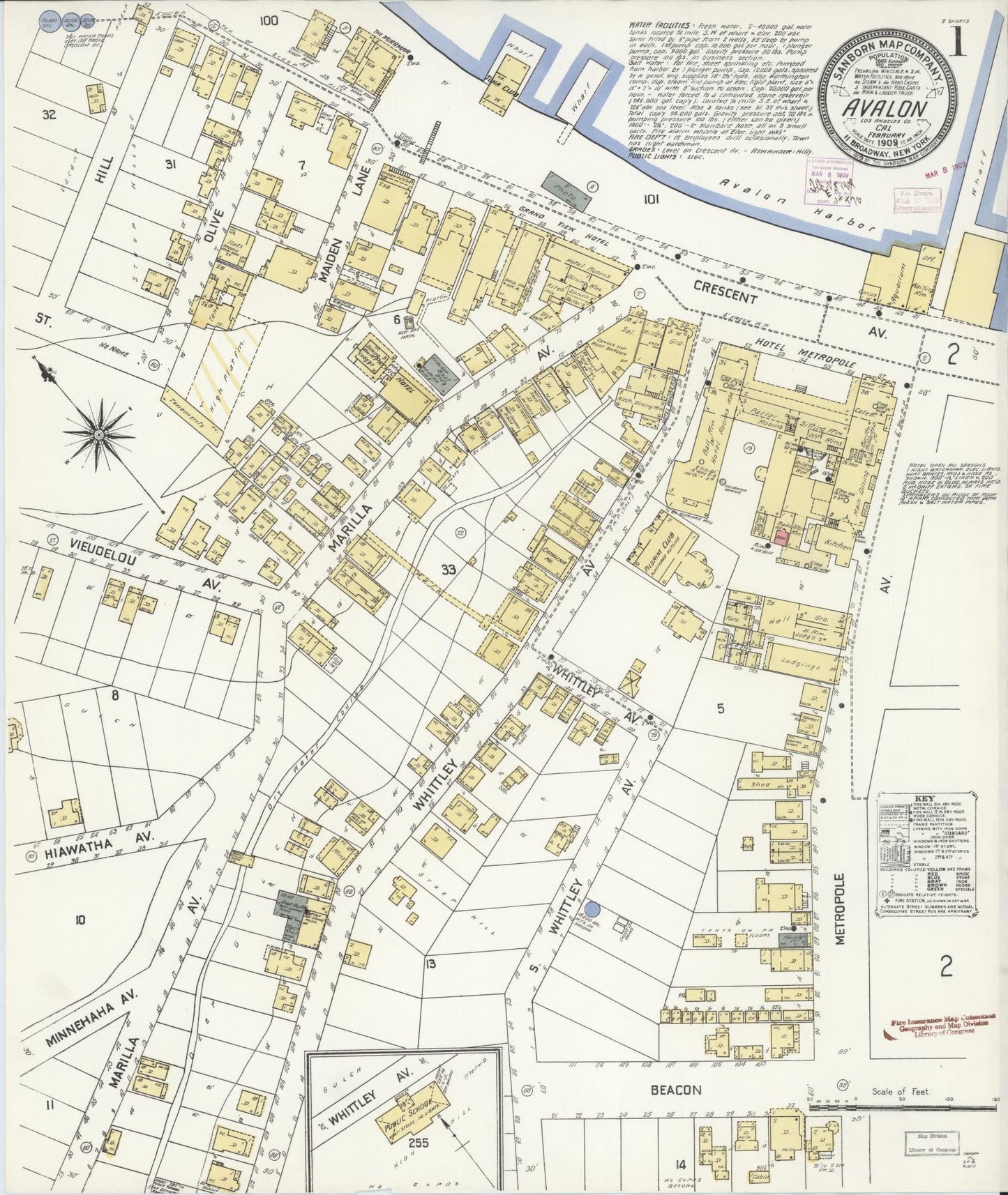 Sanborn Fire Insurance Map from Avalon, Los Angeles County, California (1909), Sheet #0001 - Historic Sanborn Fire Insurance Map Print, vintage old map wall art, antique decor, genealogy gift, California California map