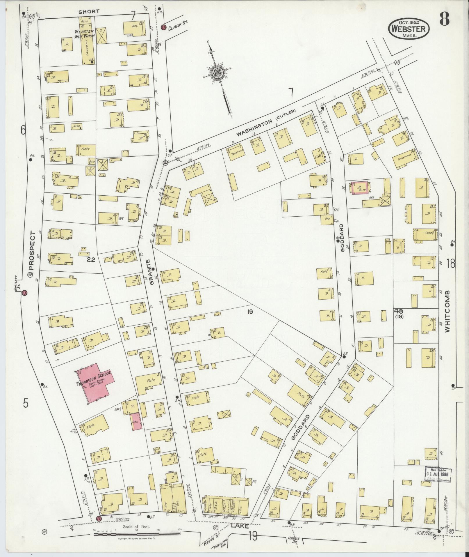 Sanborn Fire Insurance Map from Webster, Worcester County, Massachusetts (1920), Sheet #0008 - Historic Sanborn Fire Insurance Map Print, vintage old map wall art, antique decor, genealogy gift, Massachusetts Massachusetts map