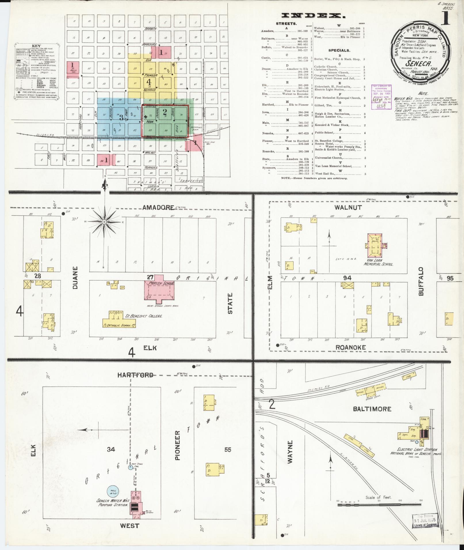 Sanborn Fire Insurance Map from Seneca, Nemaha County, Kansas (1901), Sheet #0001 - Complete Map Set gallery image, historic Sanborn map, vintage wall art, Kansas Kansas