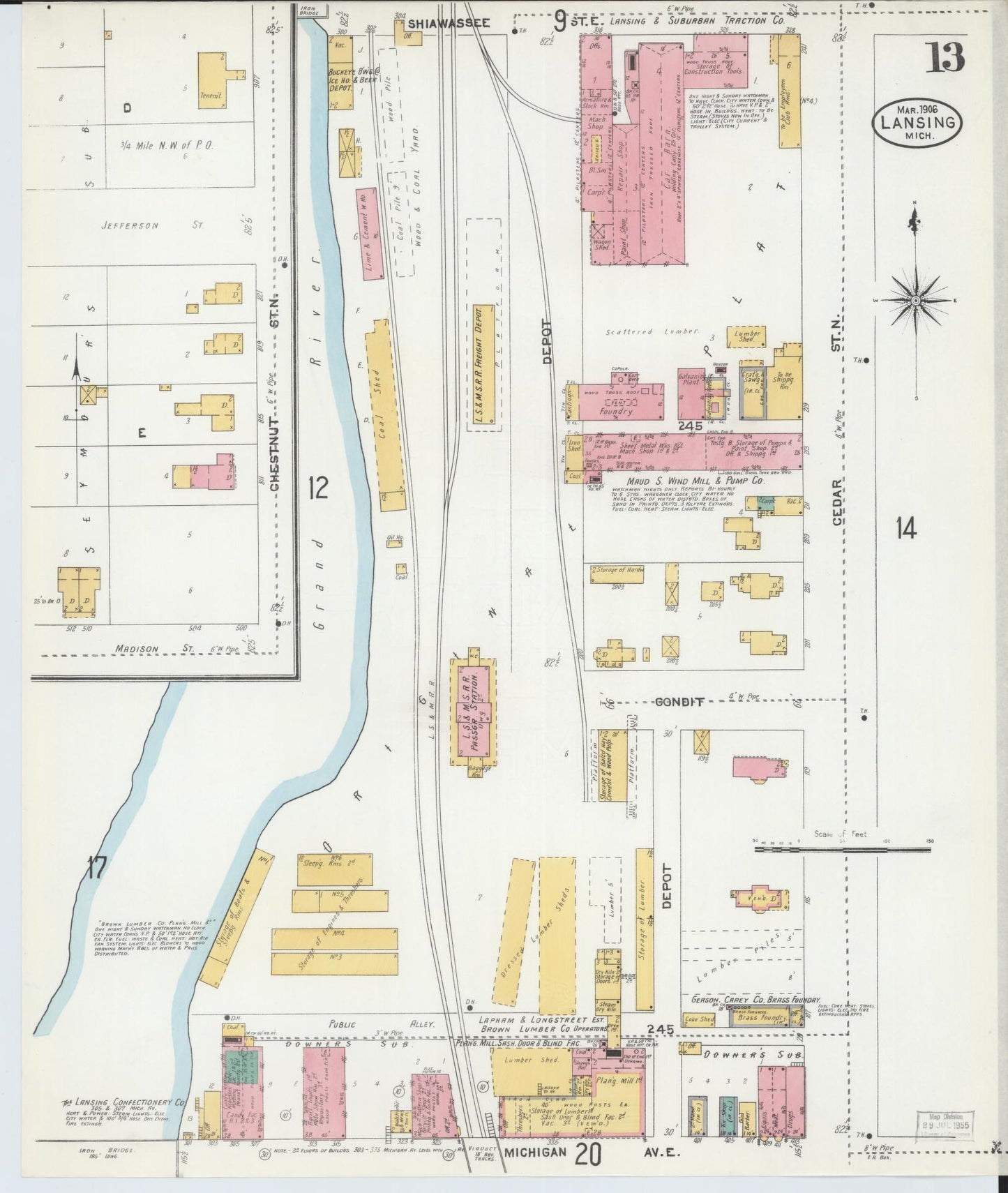 Sanborn Fire Insurance Map from Lansing, Ingham County, Michigan (1906), Sheet #0013 - Historic Sanborn Fire Insurance Map Print, vintage old map wall art, antique decor, genealogy gift, Michigan Michigan map