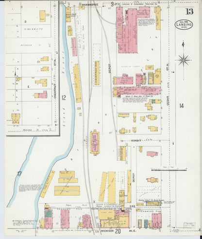 Sanborn Fire Insurance Map from Lansing, Ingham County, Michigan (1906), Sheet #0013 - Historic Sanborn Fire Insurance Map Print, vintage old map wall art, antique decor, genealogy gift, Michigan Michigan map