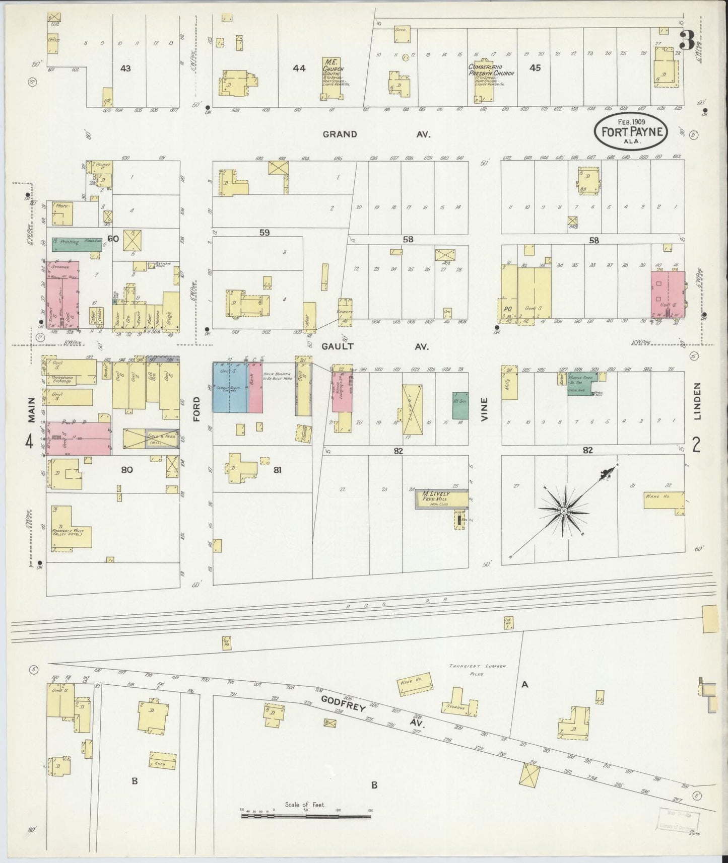 Sanborn Fire Insurance Map from Fort Payne, Dekalb County, Alabama (1909), Sheet #0003 - Historic Sanborn Fire Insurance Map Print, vintage old map wall art, antique decor, genealogy gift, Alabama Alabama map