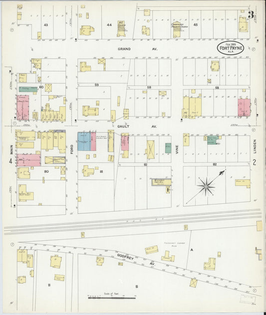 Sanborn Fire Insurance Map from Fort Payne, Dekalb County, Alabama (1909), Sheet #0003 - Historic Sanborn Fire Insurance Map Print, vintage old map wall art, antique decor, genealogy gift, Alabama Alabama map