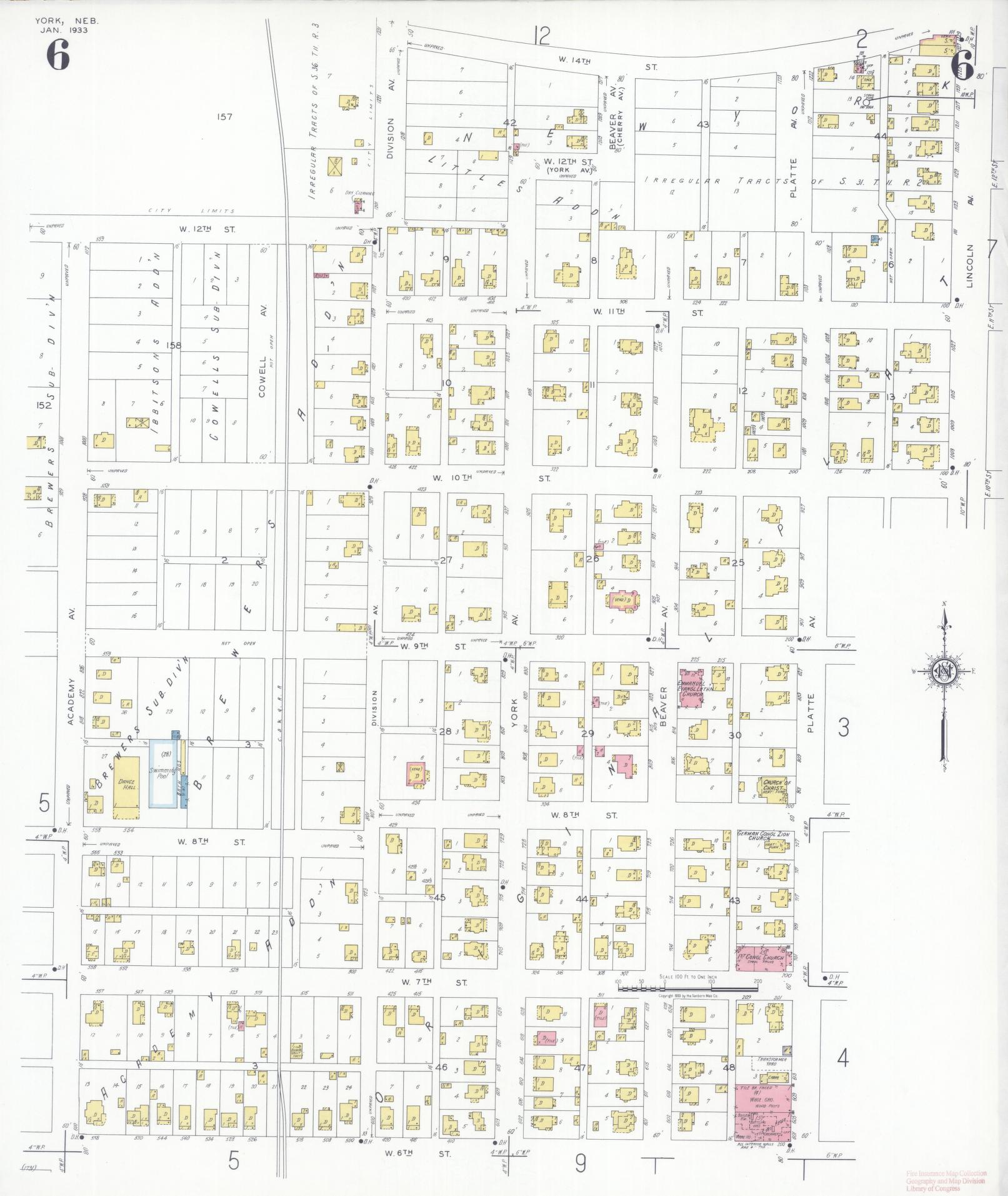 Sanborn Fire Insurance Map from York, York County, Nebraska (1933), Sheet #0006 - Complete Map Set gallery image, historic Sanborn map, vintage wall art, Nebraska Nebraska
