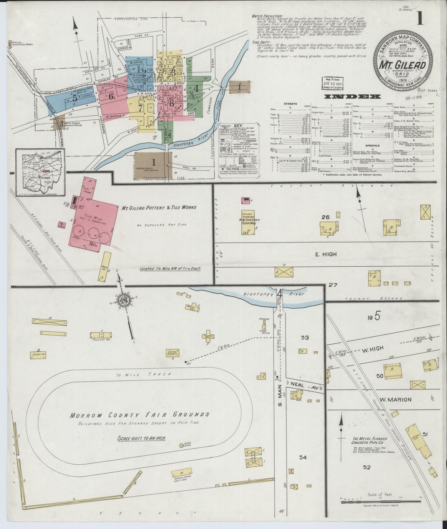 Sanborn Fire Insurance Map from Mount Gilead, Morrow County, Ohio (1919), Sheet #0001 - Complete Map Set gallery image, historic Sanborn map, vintage wall art, Ohio Ohio