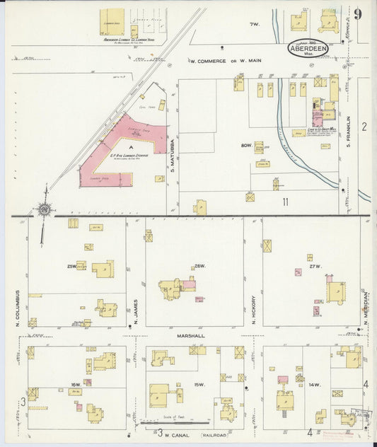 Sanborn Fire Insurance Map from Aberdeen, Monroe County, Mississippi (1910), Sheet #0009 - Historic Sanborn Fire Insurance Map Print, vintage old map wall art, antique decor, genealogy gift, Mississippi Mississippi map