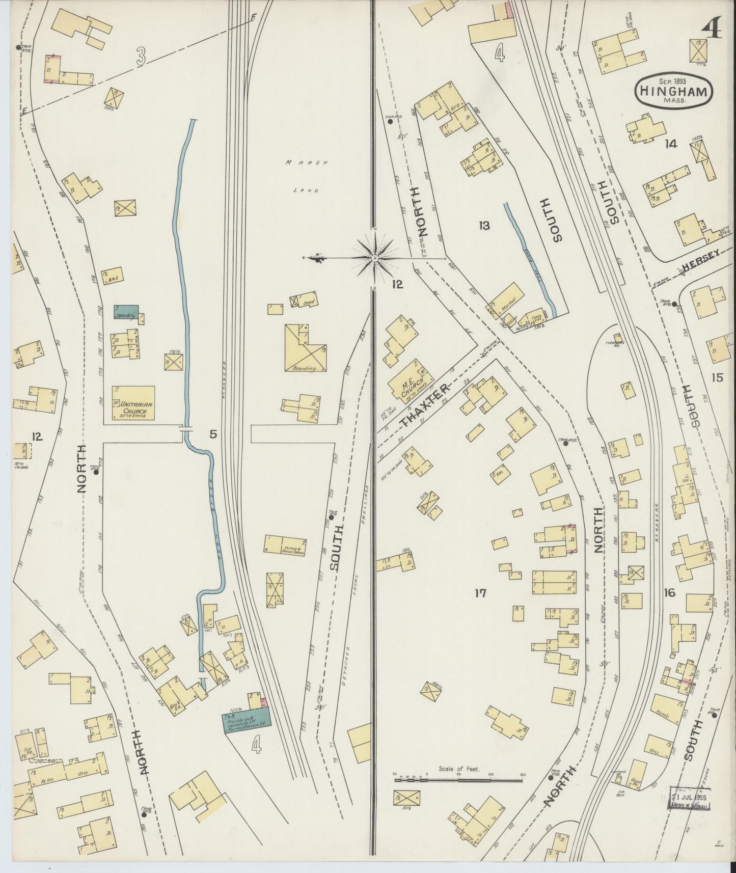 Sanborn Fire Insurance Map from Hingham, Plymouth County, Massachusetts (1893), Sheet #0004 - Complete Map Set gallery image, historic Sanborn map, vintage wall art, Massachusetts Massachusetts
