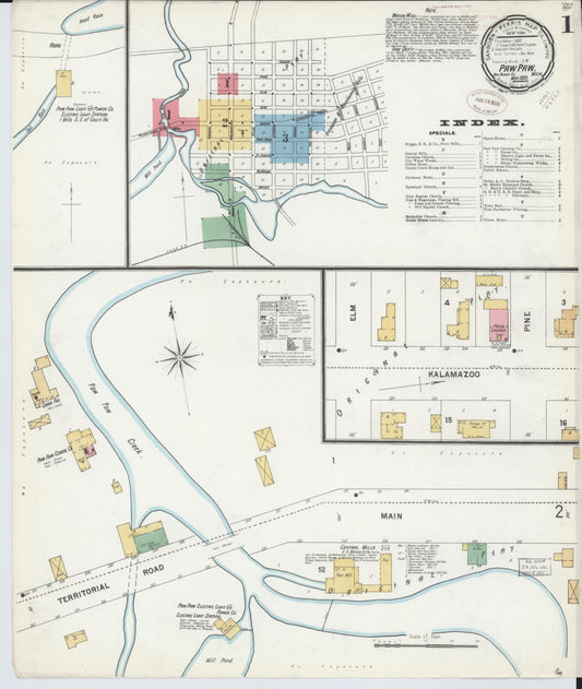 Sanborn Fire Insurance Map from Paw Paw, Van Buren County, Michigan (1899), Sheet #0001 - Historic Sanborn Fire Insurance Map Print, vintage old map wall art, antique decor, genealogy gift, Michigan Michigan map