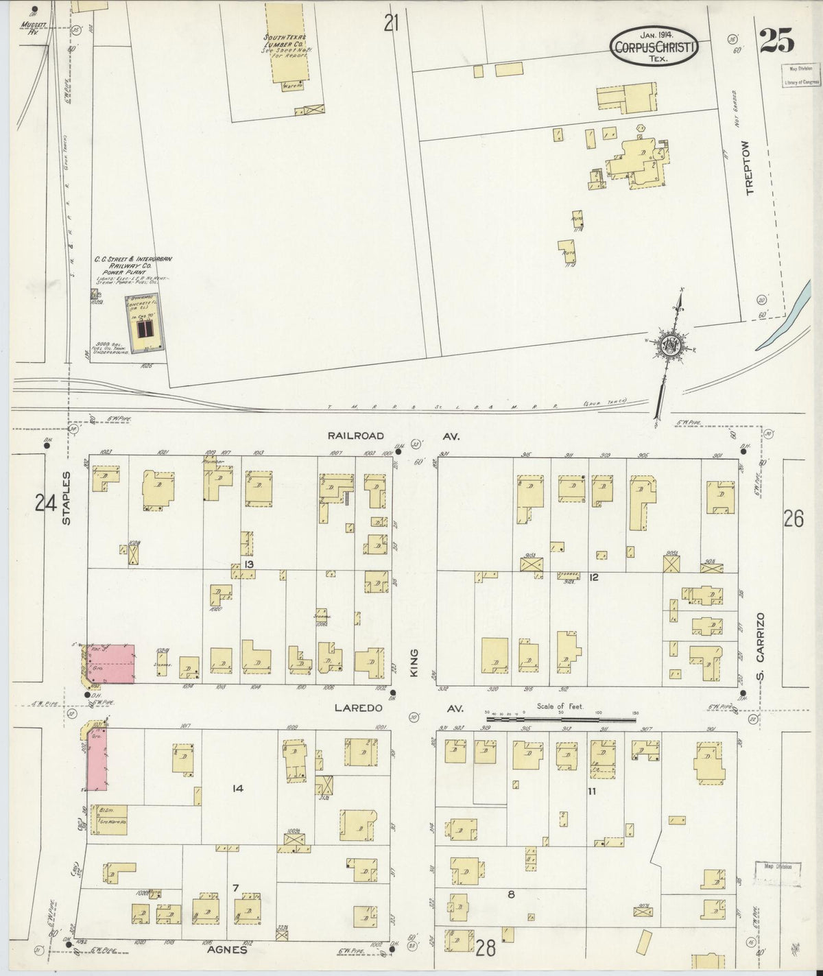 Sanborn Fire Insurance Map from Corpus Christi, Nueces County, Texas (1914), Sheet #0025 - Complete Map Set gallery image, historic Sanborn map, vintage wall art, Texas Texas