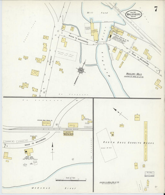 Sanborn Fire Insurance Map from Waldoboro, Lincoln County, Maine (1912), Sheet #0007 - Historic Sanborn Fire Insurance Map Print, vintage old map wall art, antique decor, genealogy gift, Maine Maine map