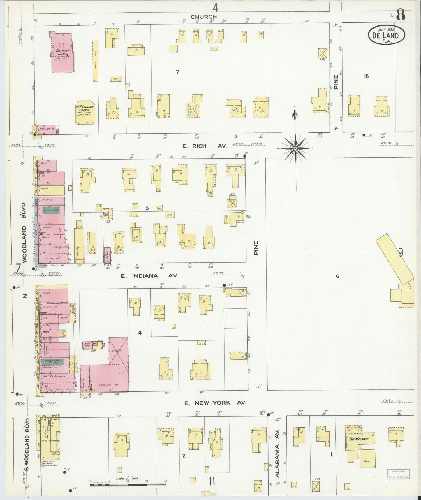 Sanborn Fire Insurance Map from De Land, Volusia County, Florida (1909), Sheet #0008 - Complete Map Set gallery image, historic Sanborn map, vintage wall art, Florida Florida