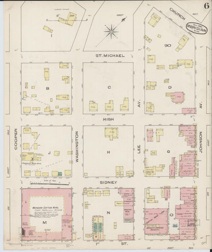Sanborn Fire Insurance Map from Meridian, Lauderdale County, Mississippi (1885), Sheet #0006 - Complete Map Set gallery image, historic Sanborn map, vintage wall art, Mississippi Mississippi