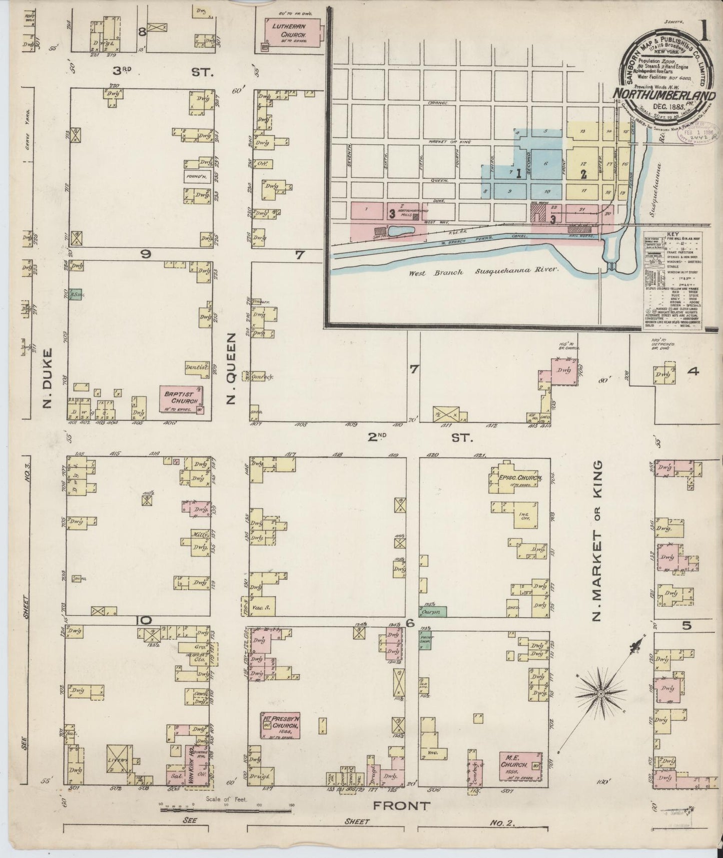 Sanborn Fire Insurance Map from Northumberland, Northumberland County, Pennsylvania (1885), Sheet #0001 - Complete Map Set gallery image, historic Sanborn map, vintage wall art, Pennsylvania Pennsylvania