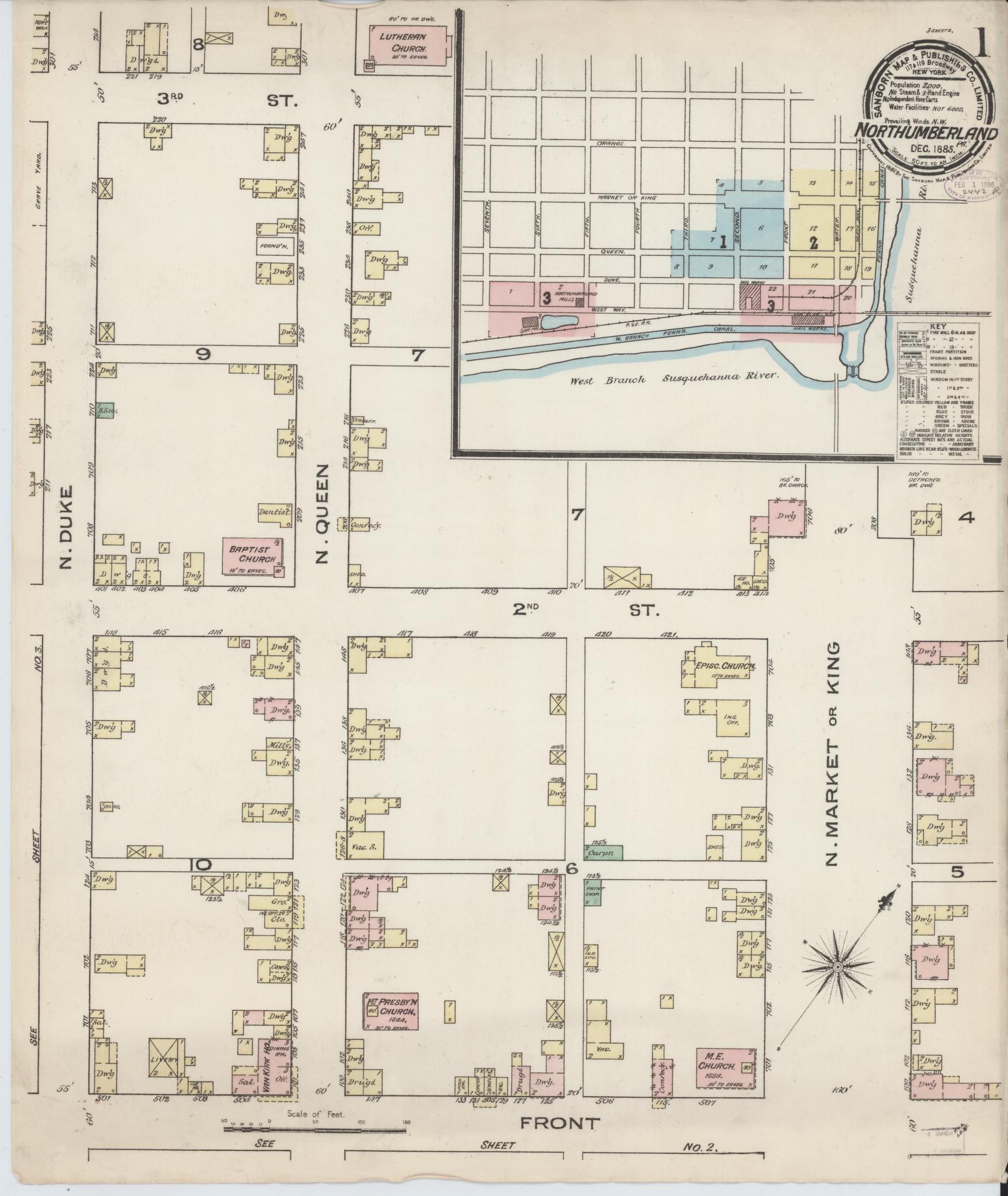 Sanborn Fire Insurance Map from Northumberland, Northumberland County, Pennsylvania (1885), Sheet #0001 - Complete Map Set gallery image, historic Sanborn map, vintage wall art, Pennsylvania Pennsylvania