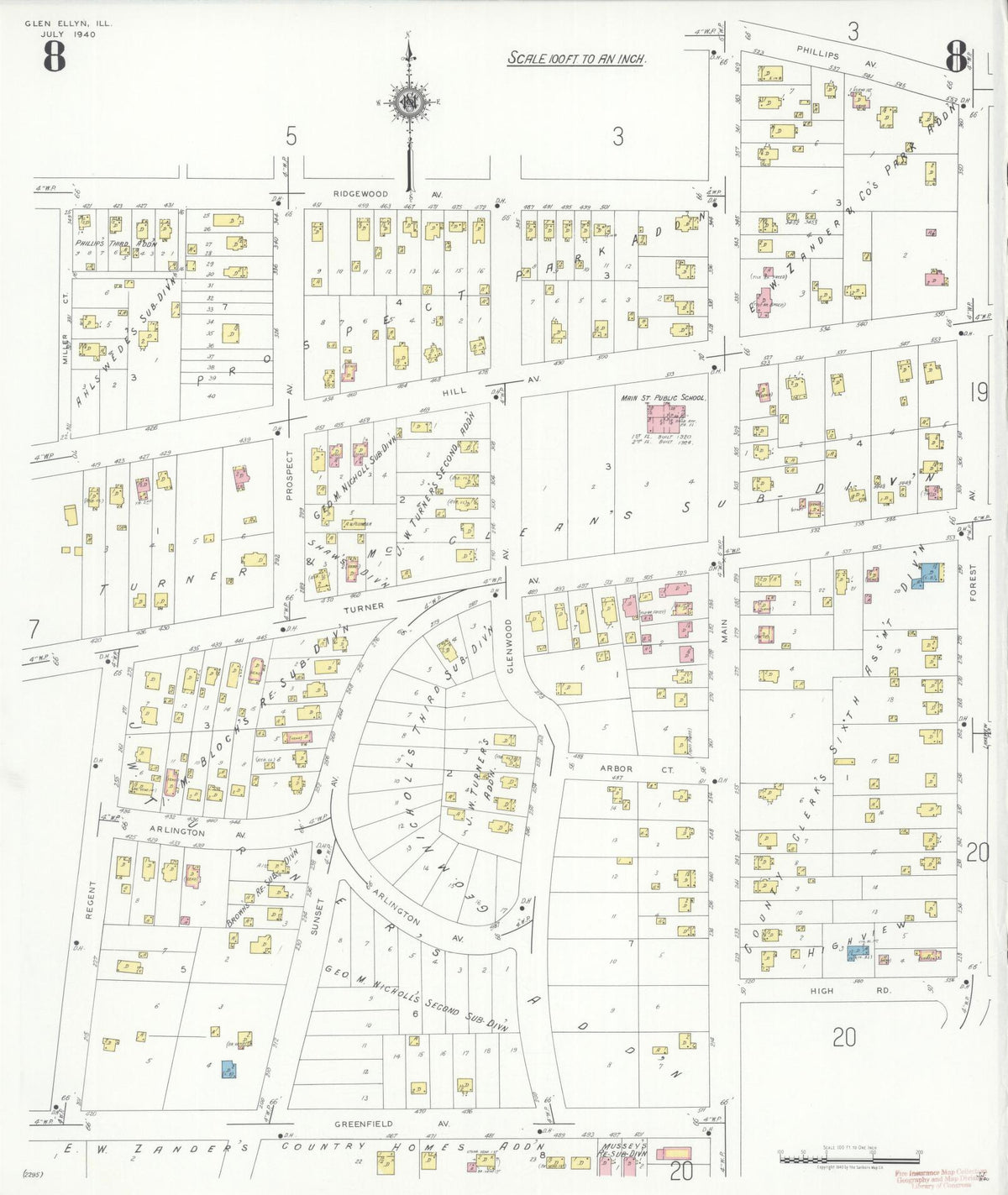 Sanborn Fire Insurance Map from Glen Ellyn, Du Page County, Illinois (1940), Sheet #0008 - Historic Sanborn Fire Insurance Map Print, vintage old map wall art, antique decor, genealogy gift, Illinois Illinois map