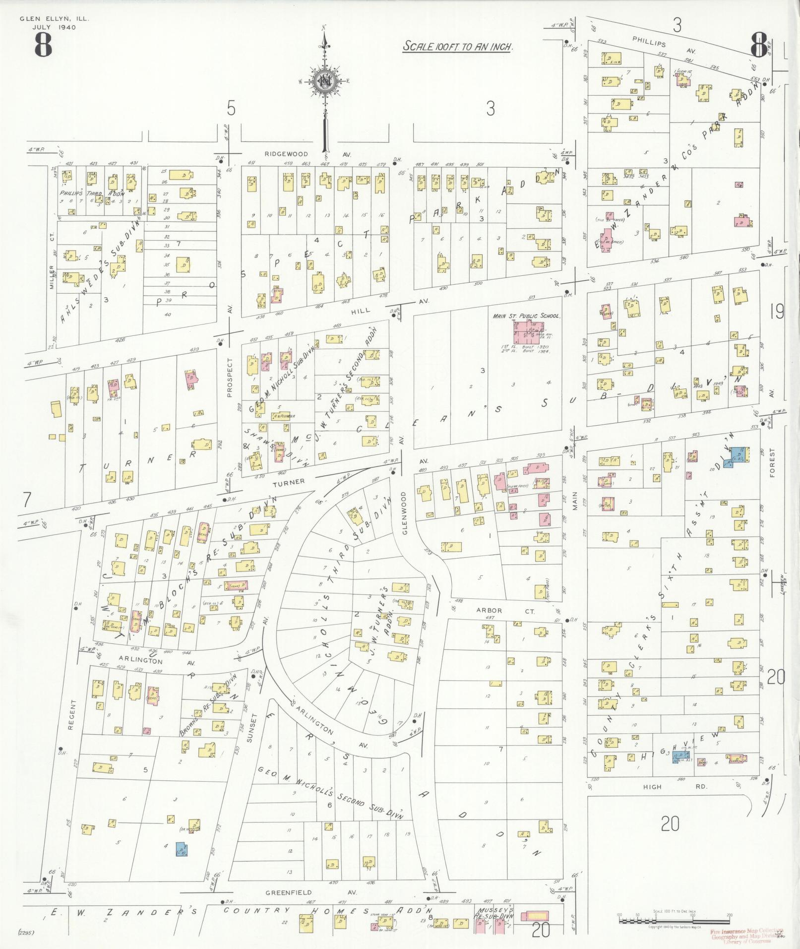 Sanborn Fire Insurance Map from Glen Ellyn, Du Page County, Illinois (1940), Sheet #0008 - Historic Sanborn Fire Insurance Map Print, vintage old map wall art, antique decor, genealogy gift, Illinois Illinois map