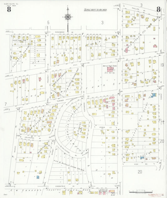 Sanborn Fire Insurance Map from Glen Ellyn, Du Page County, Illinois (1940), Sheet #0008 - Historic Sanborn Fire Insurance Map Print, vintage old map wall art, antique decor, genealogy gift, Illinois Illinois map