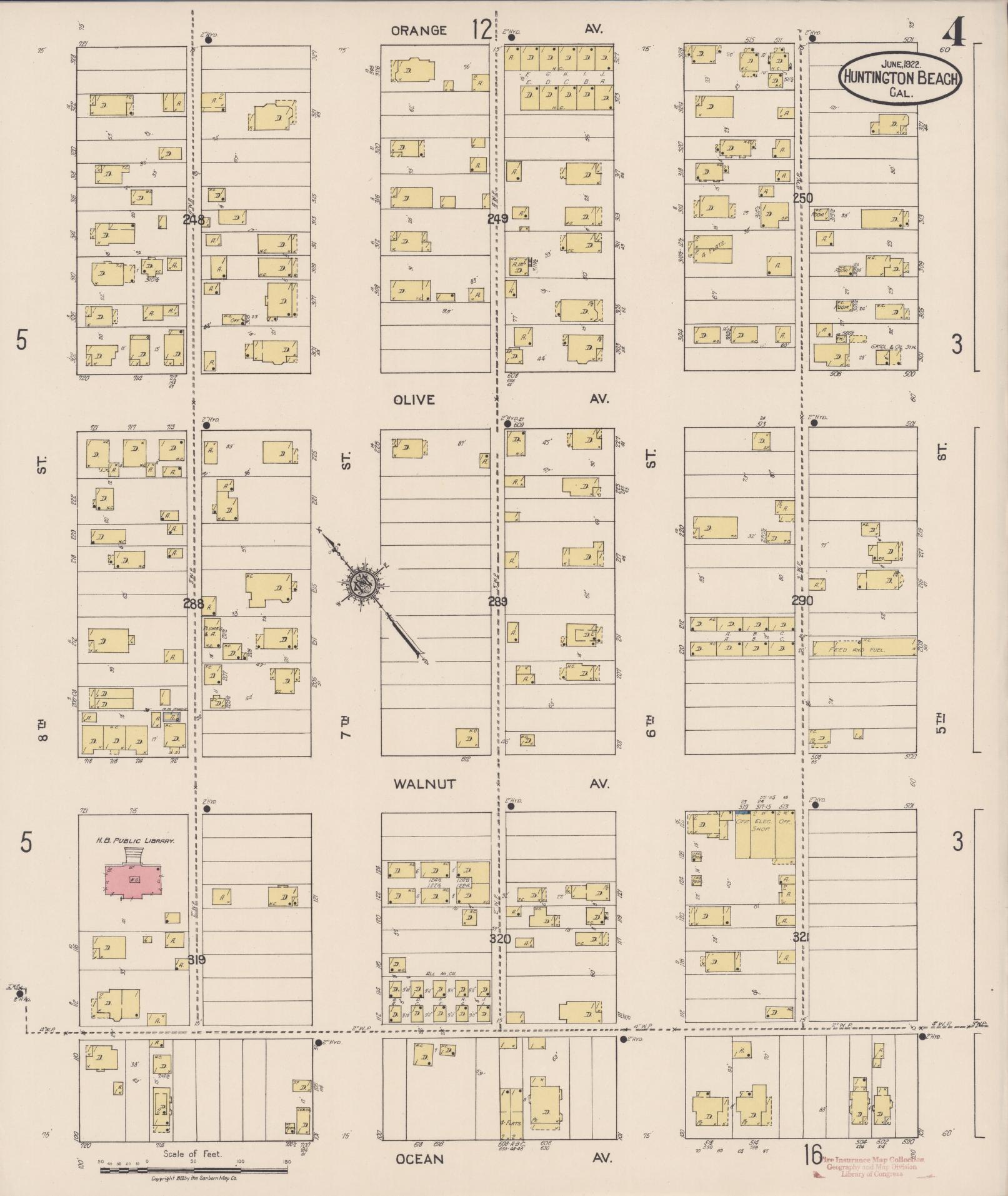 Sanborn Fire Insurance Map from Huntington Beach, Orange County, California (1922), Sheet #0004 - Historic Sanborn Fire Insurance Map Print, vintage old map wall art, antique decor, genealogy gift, California California map