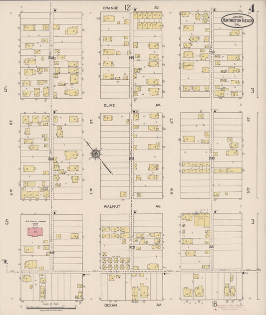 Sanborn Fire Insurance Map from Huntington Beach, Orange County, California (1922), Sheet #0004 - Historic Sanborn Fire Insurance Map Print, vintage old map wall art, antique decor, genealogy gift, California California map