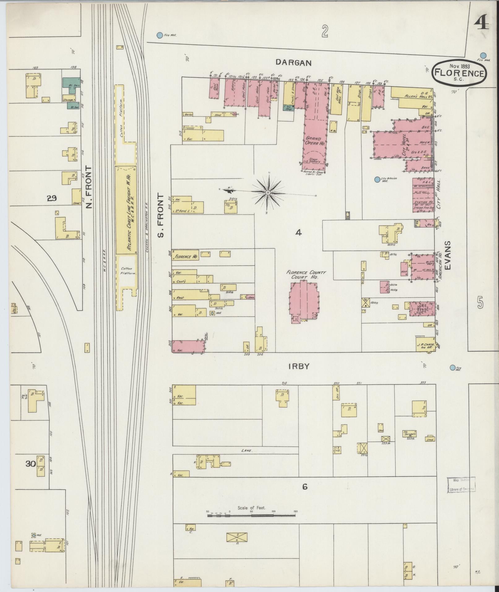 Sanborn Fire Insurance Map from Florence, Florence County, South Carolina (1893), Sheet #0004 - Complete Map Set gallery image, historic Sanborn map, vintage wall art, South Carolina South Carolina