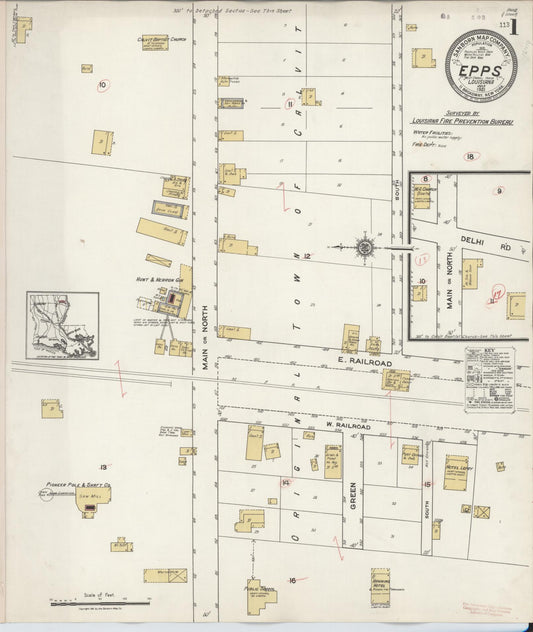 Sanborn Fire Insurance Map from Epps, West Carroll Parish, Louisiana (1921), Sheet #0001 - Historic Sanborn Fire Insurance Map Print, vintage old map wall art, antique decor, genealogy gift, Louisiana Louisiana map