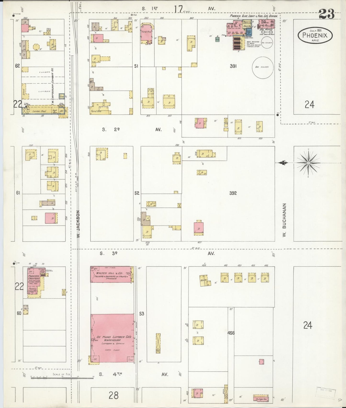Sanborn Fire Insurance Map from Phoenix, Maricopa County, Arizona (1901), Sheet #0023 - Historic Sanborn Fire Insurance Map Print, vintage old map wall art, antique decor, genealogy gift, Arizona Arizona map