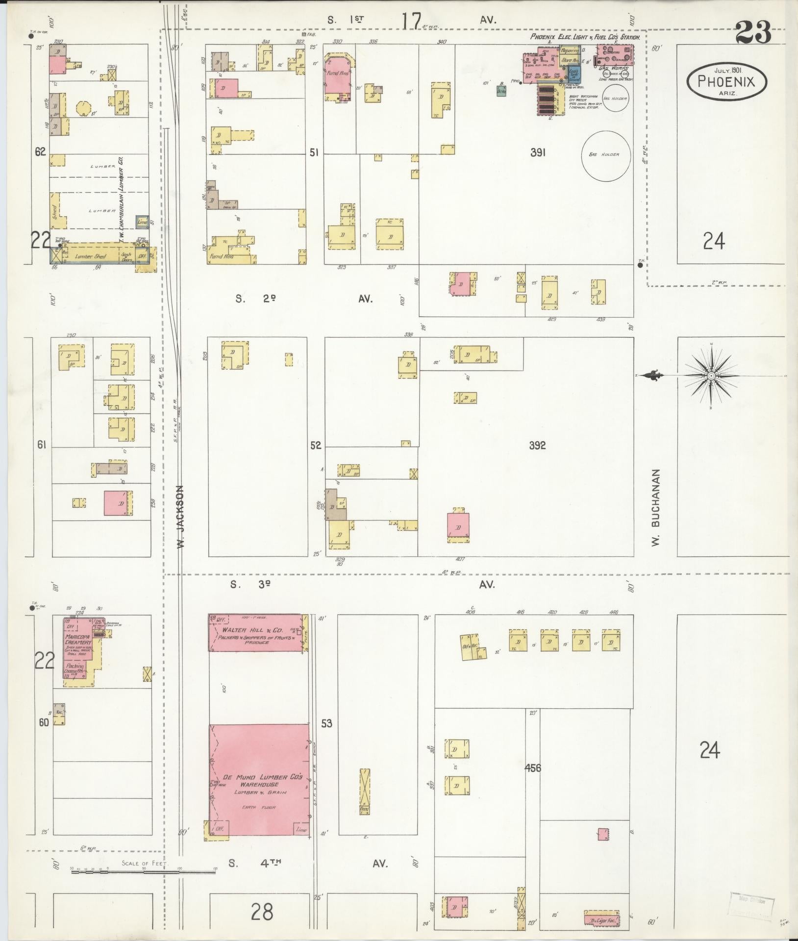 Sanborn Fire Insurance Map from Phoenix, Maricopa County, Arizona (1901), Sheet #0023 - Historic Sanborn Fire Insurance Map Print, vintage old map wall art, antique decor, genealogy gift, Arizona Arizona map