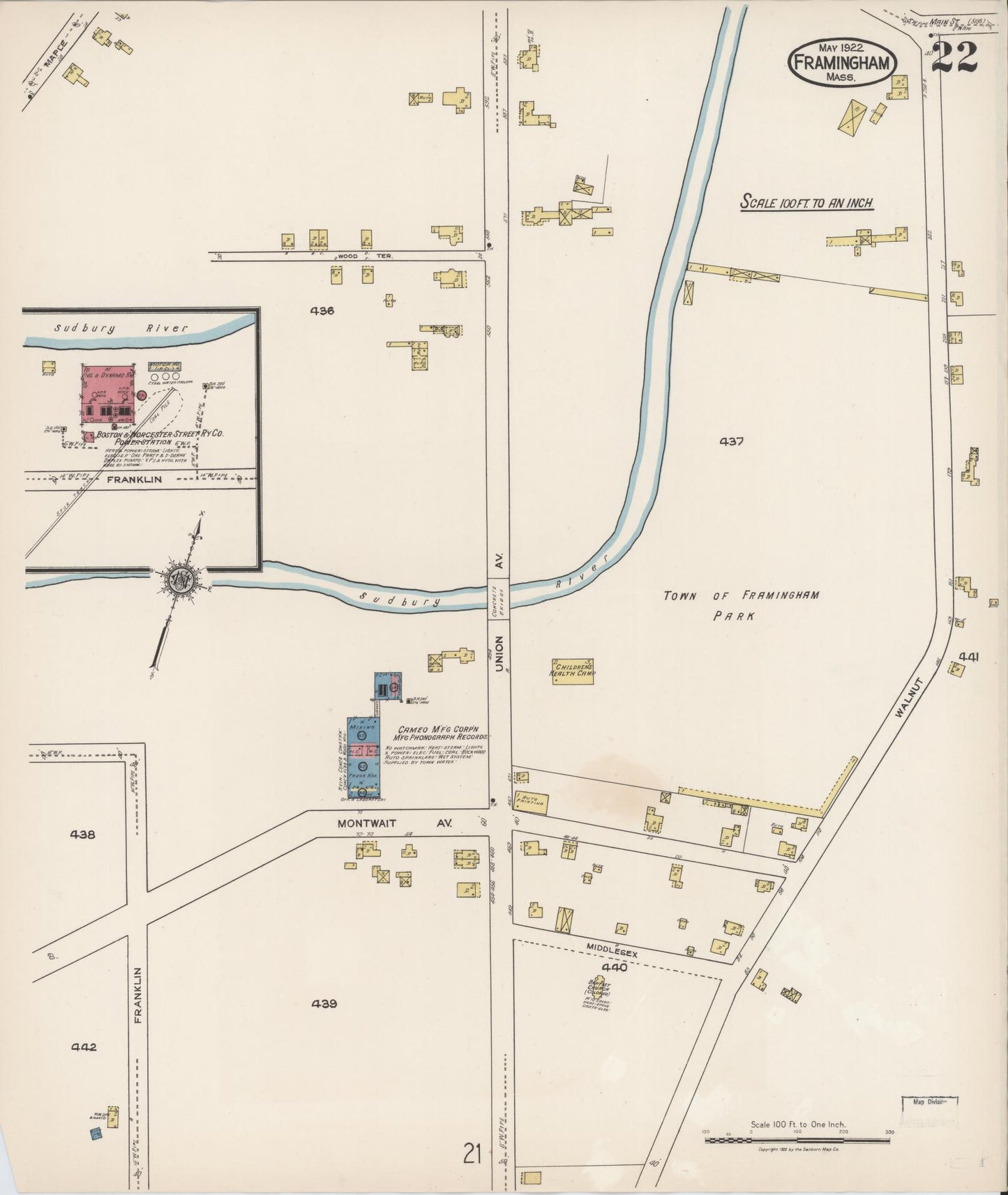 Sanborn Fire Insurance Map from Framingham, Middlesex County, Massachusetts (1922), Sheet #0022 - Historic Sanborn Fire Insurance Map Print, vintage old map wall art, antique decor, genealogy gift, Massachusetts Massachusetts map