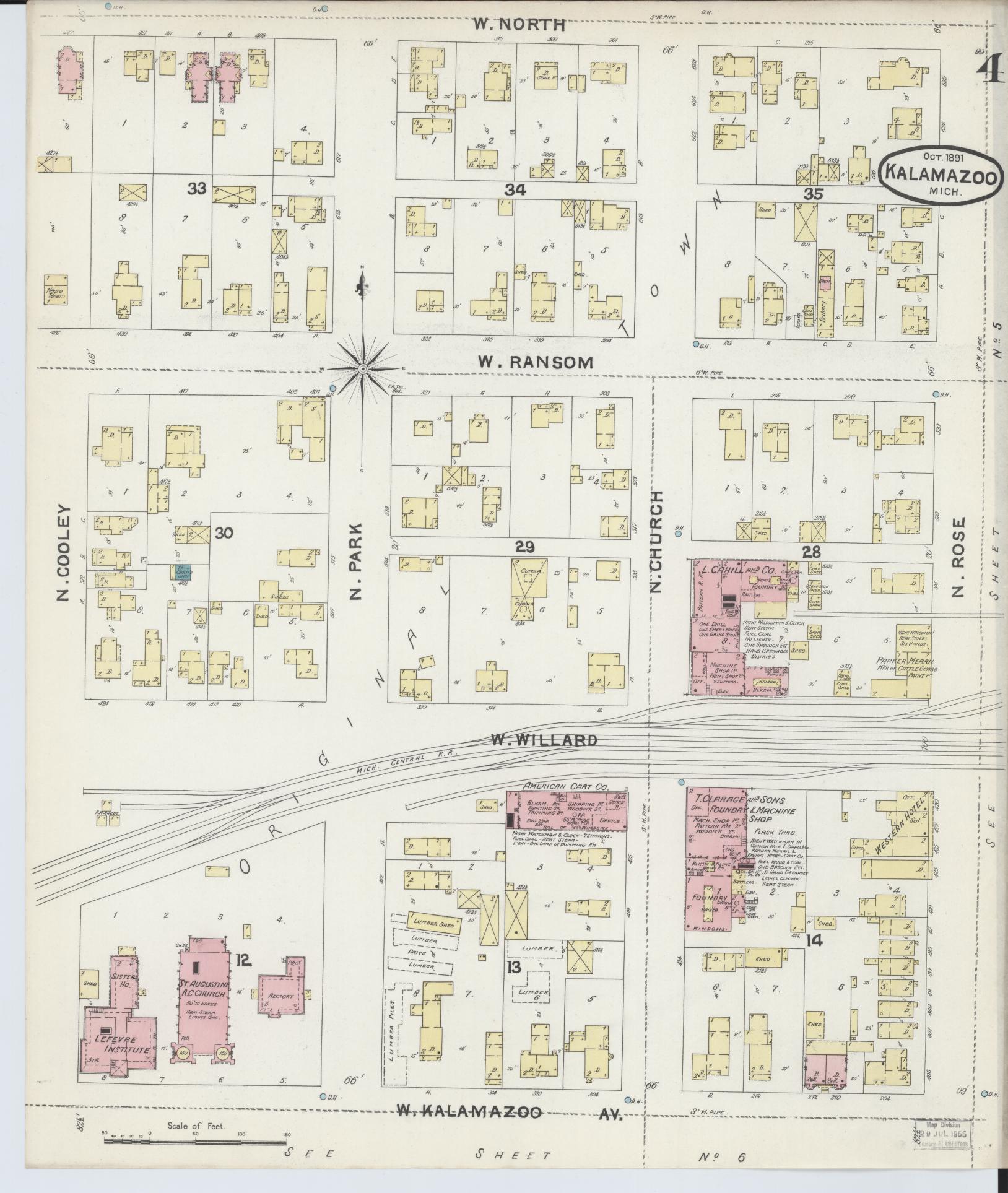 Sanborn Fire Insurance Map from Kalamazoo, Kalamazoo County, Michigan (1891), Sheet #0004 - Complete Map Set gallery image, historic Sanborn map, vintage wall art, Michigan Michigan