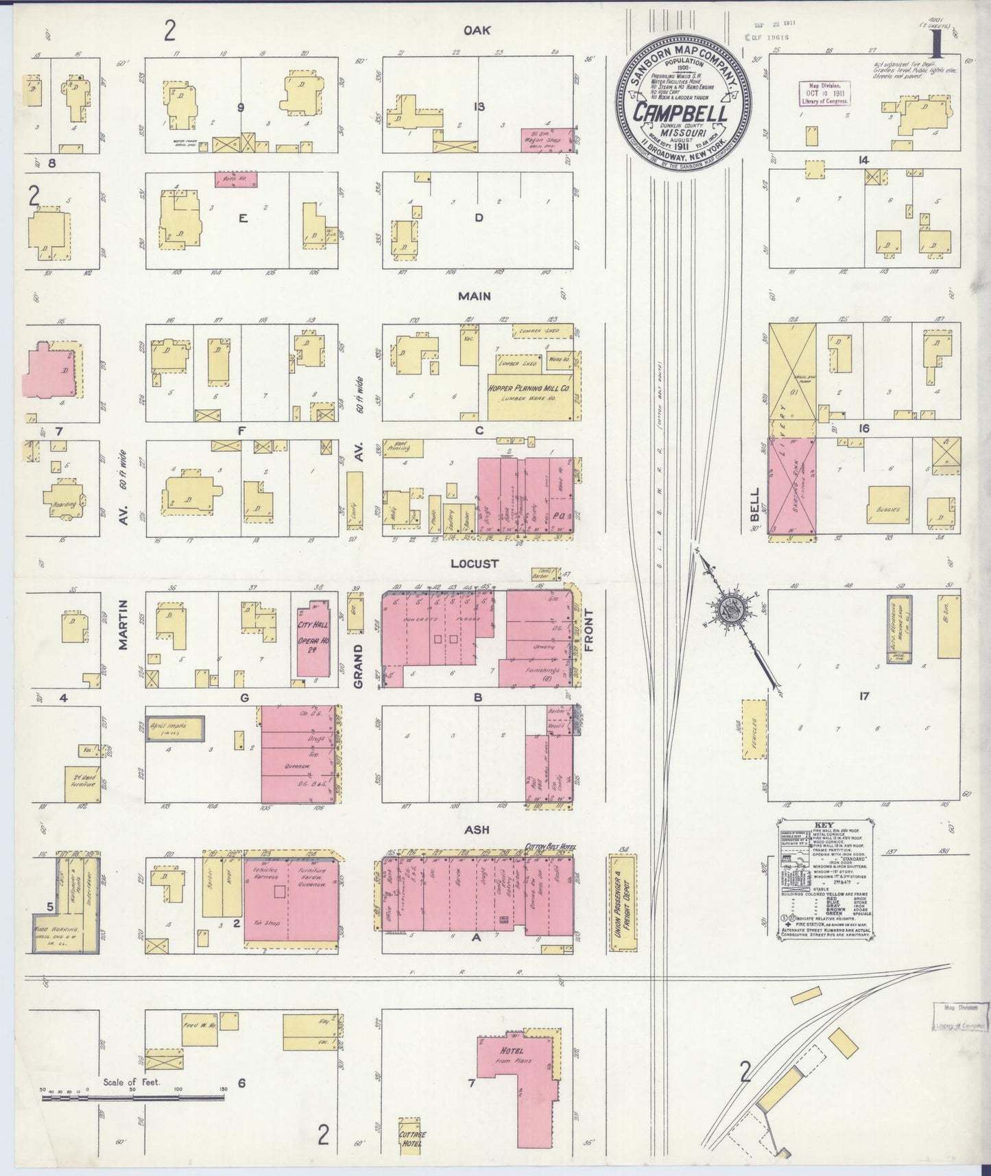 Sanborn Fire Insurance Map from Campbell, Dunklin County, Missouri (1911), Sheet #0001 - Historic Sanborn Fire Insurance Map Print, vintage old map wall art, antique decor, genealogy gift, Missouri Missouri map