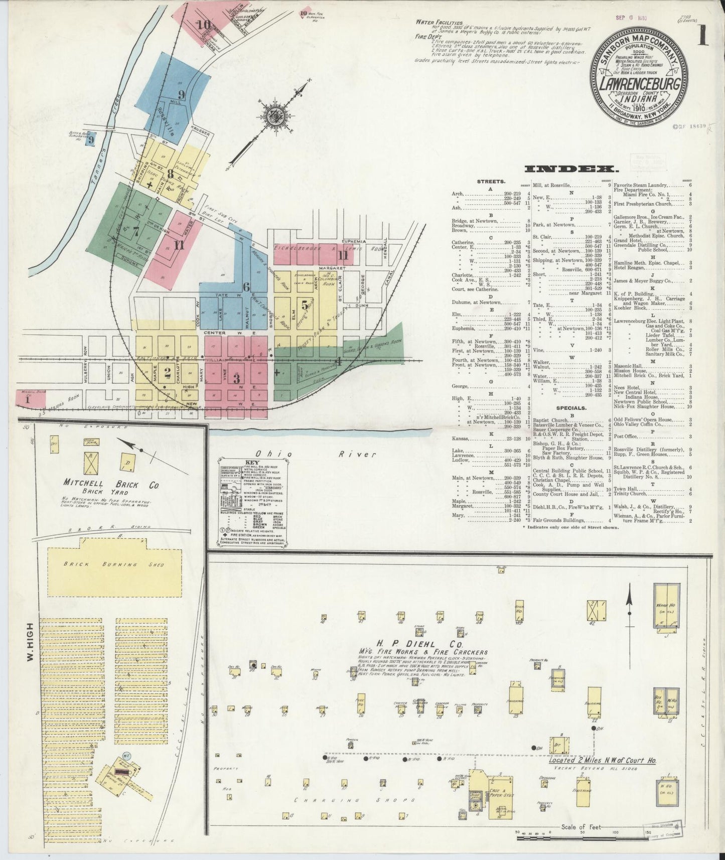 Sanborn Fire Insurance Map from Lawrenceburg, Dearborn County, Indiana (1910), Sheet #0001 - Complete Map Set gallery image, historic Sanborn map, vintage wall art, Indiana Indiana