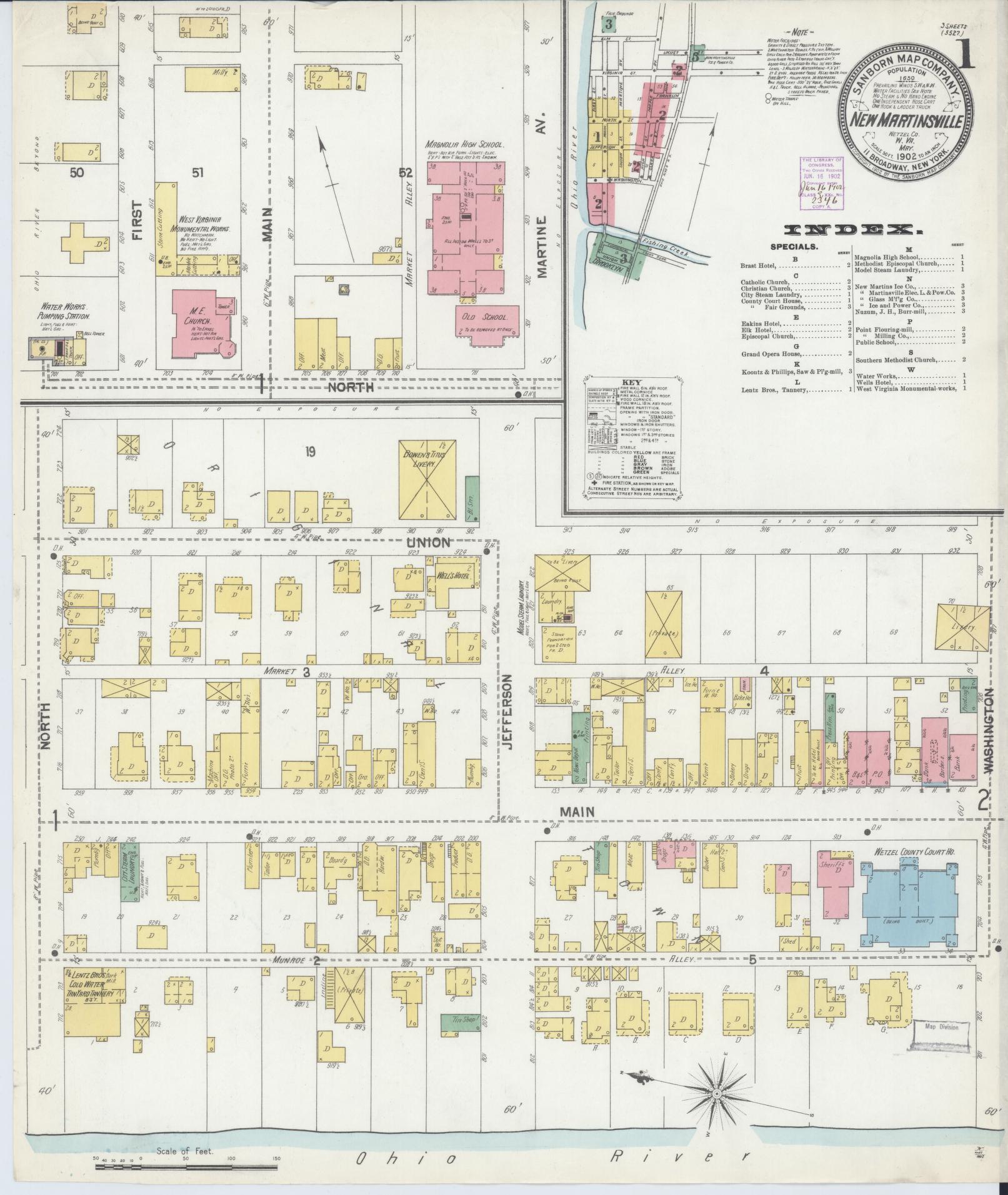 Sanborn Fire Insurance Map from New Martinsville, Wetzel County, West Virginia (1902), Sheet #0001 - Complete Map Set gallery image, historic Sanborn map, vintage wall art, West Virginia West Virginia