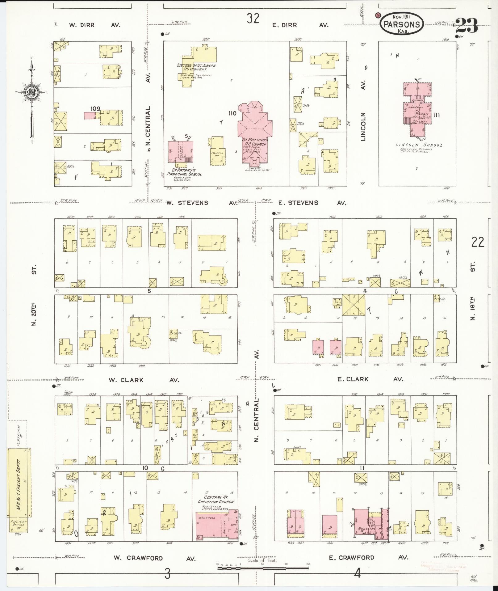 Sanborn Fire Insurance Map from Parsons, Labette County, Kansas (1911), Sheet #0023 - Historic Sanborn Fire Insurance Map Print, vintage old map wall art, antique decor, genealogy gift, Kansas Kansas map