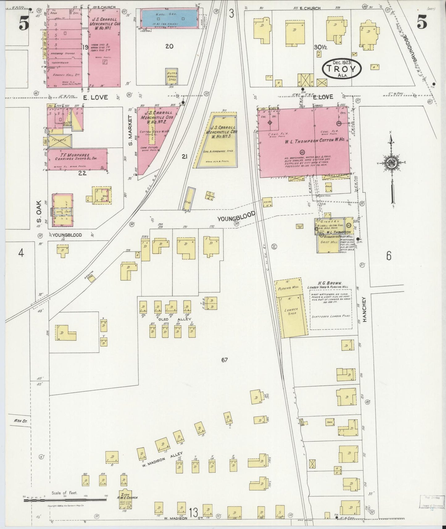 Sanborn Fire Insurance Map from Troy, Pike County, Alabama (1923), Sheet #0005 - Historic Sanborn Fire Insurance Map Print, vintage old map wall art, antique decor, genealogy gift, Alabama Alabama map