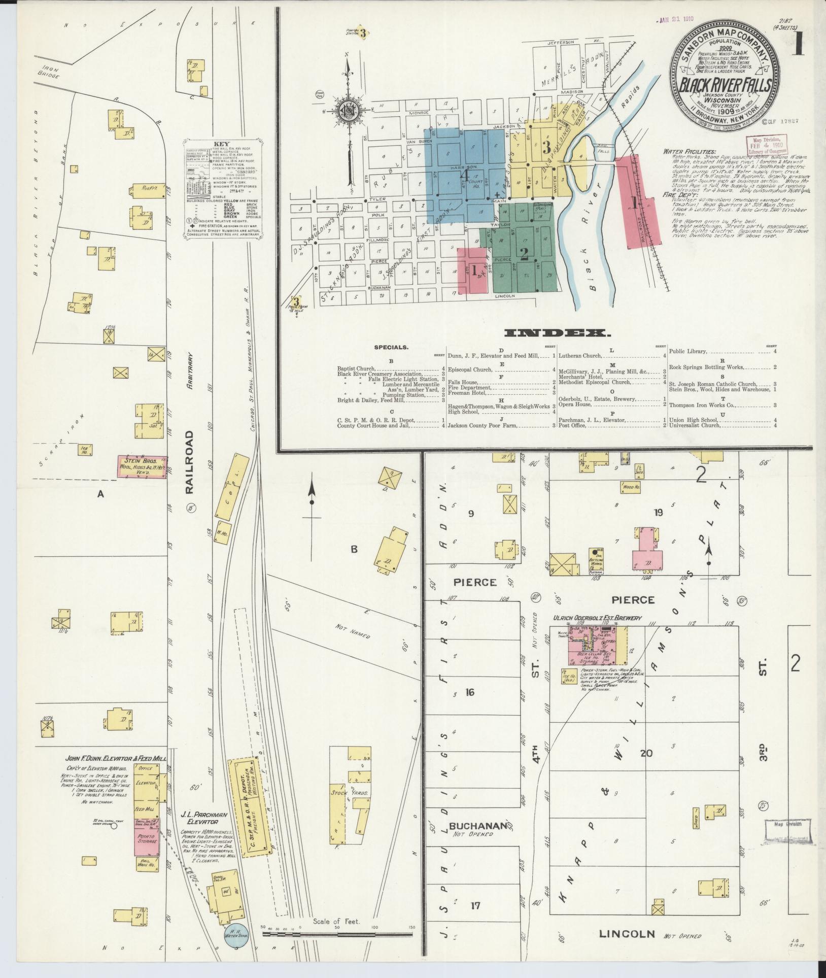 Sanborn Fire Insurance Map from Black River Falls, Jackson County, Wisconsin (1909), Sheet #0001 - Historic Sanborn Fire Insurance Map Print, vintage old map wall art, antique decor, genealogy gift, Wisconsin Wisconsin map