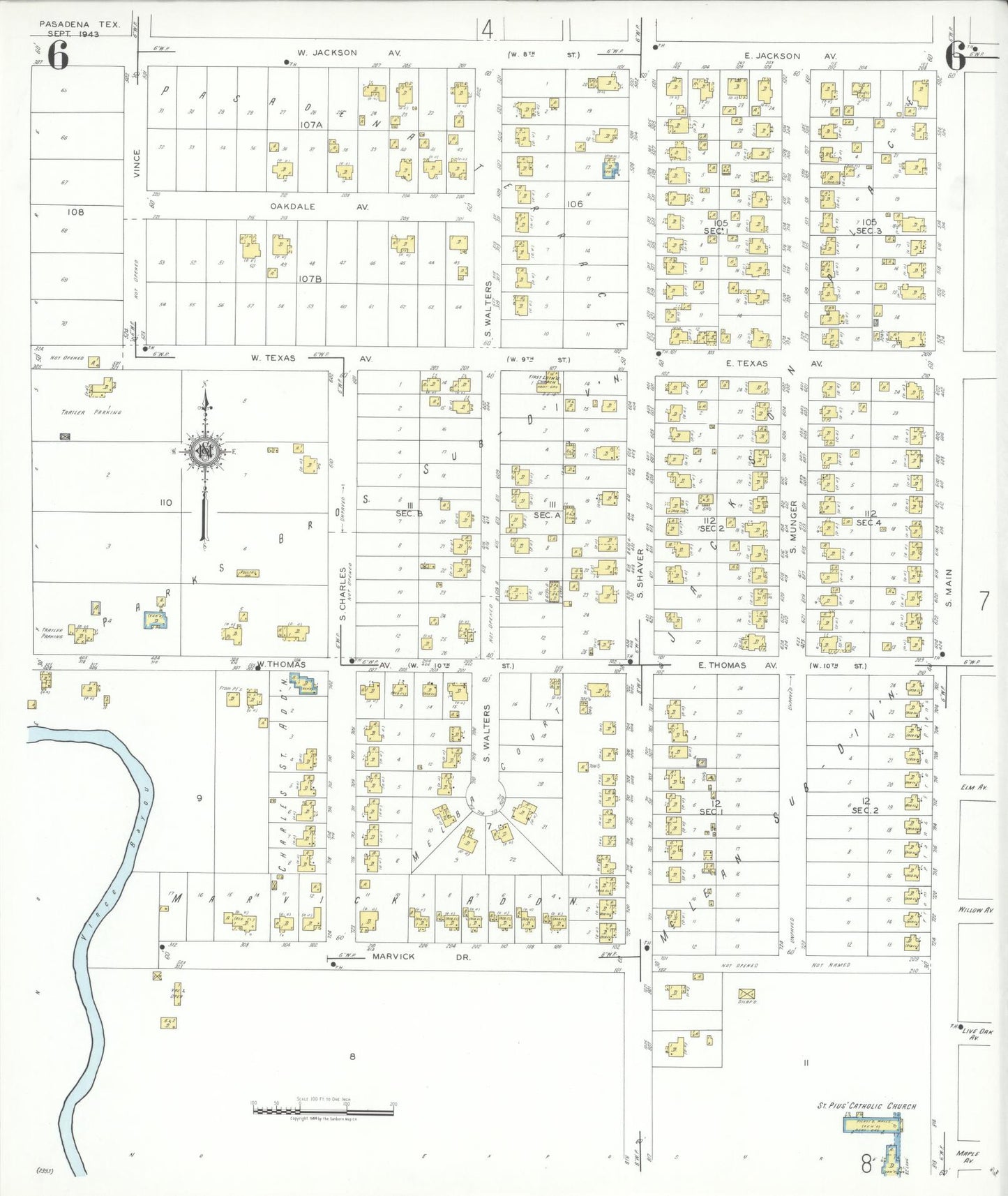 Sanborn Fire Insurance Map from Pasadena, Harris County, Texas (1943), Sheet #0006 - Complete Map Set gallery image, historic Sanborn map, vintage wall art, Texas Texas