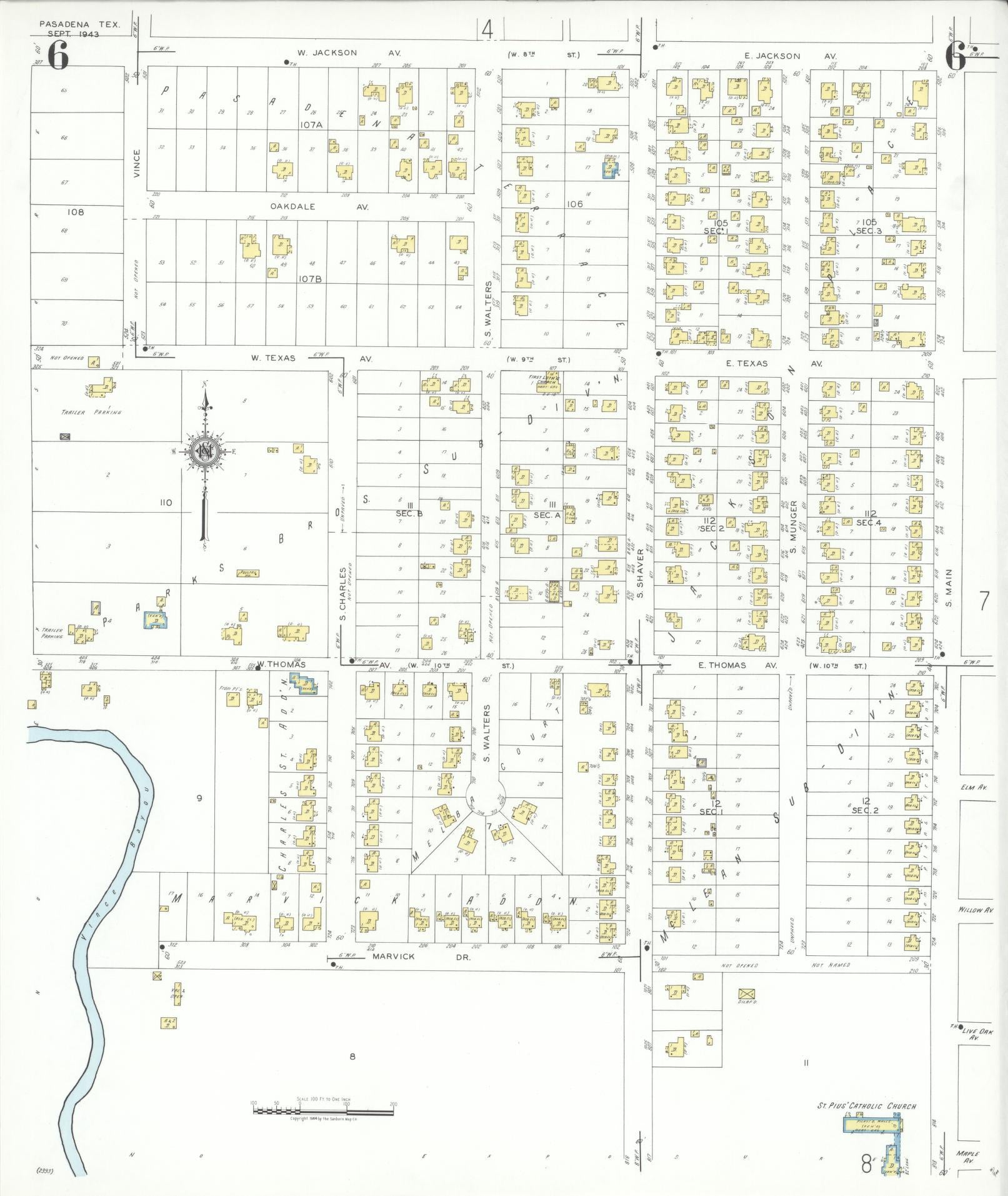 Sanborn Fire Insurance Map from Pasadena, Harris County, Texas (1943), Sheet #0006 - Complete Map Set gallery image, historic Sanborn map, vintage wall art, Texas Texas