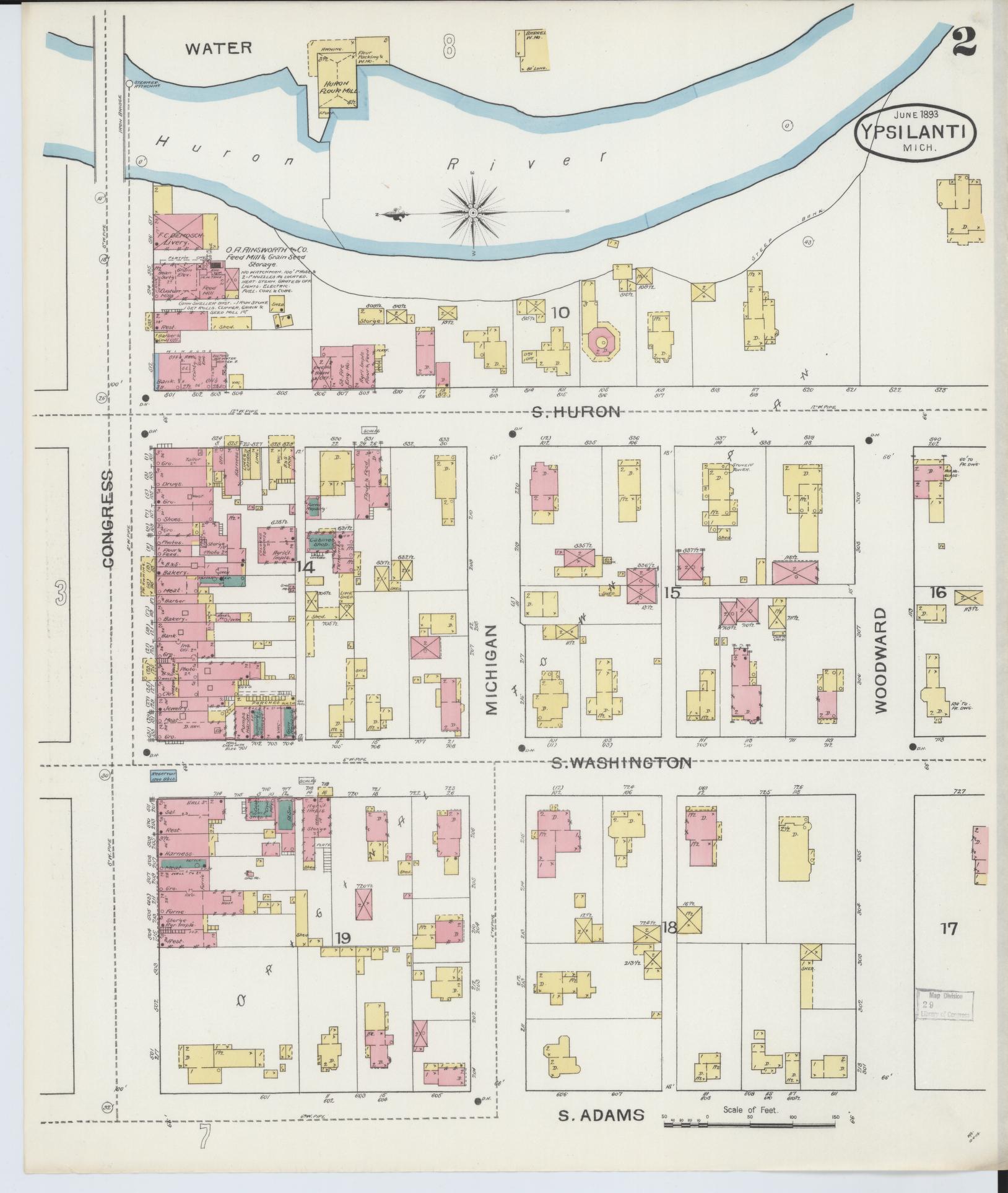 Sanborn Fire Insurance Map from Ypsilanti, Washtenaw County, Michigan (1893), Sheet #0002 - Complete Map Set gallery image, historic Sanborn map, vintage wall art, Michigan Michigan